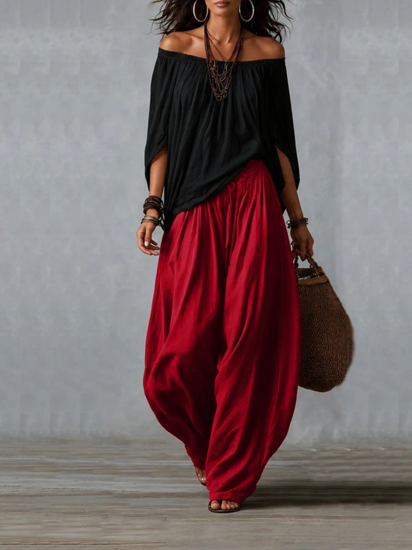 2026 New Women Two Piece Matching Set, Oversized Long off Shoulder Blouse, Elastic Cuff Lantern Pants, Casual Vacation Streetwear