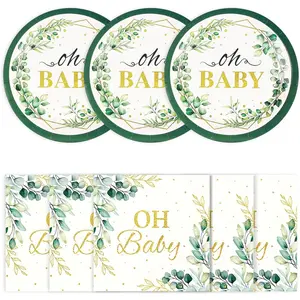 40pcs Sage Green Oh Baby Plates & Napkins-Sage Greenery Eucalyptus Baby Shower Disposable Green Leaf 9IN Party Plate Napkins for Gender Reveal Boys Girls Birthday Party Decorations Serves 20 Guests