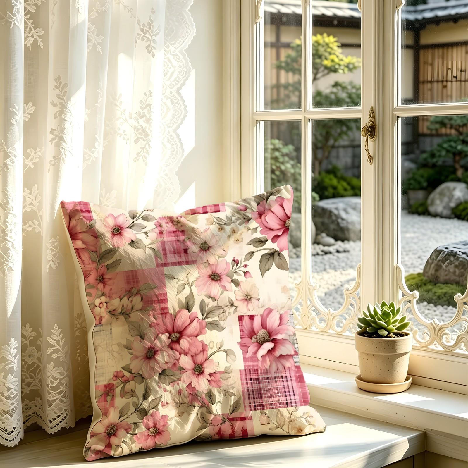Vintage Floral Gingham Patchwork Digital Print Throw Pillow, Soft Square Decorative Accent Pillow Cushion Includes Pillow Core, Cottage Style Pillow for Sofa Couch Window Bench, Machine Washable Country Home Decor Gift for Women, Polyester Fiber Cushion