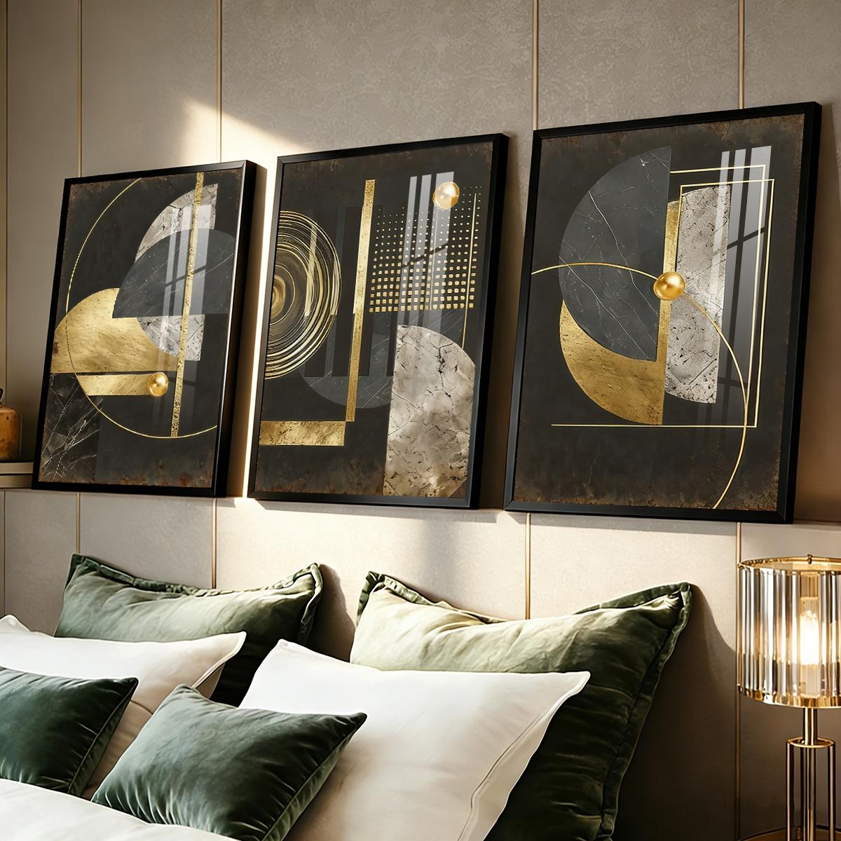 3 Counts Aluminum Alloy Framed Painting, Abstract Geometric Gold And Black Art Pictures, Home Decoration For Living Room, Bedroom, Office, Restaurant, Hallway Wall Decor, Odorless Print Artwork, Luxury Perfect Gift For Friends And Family