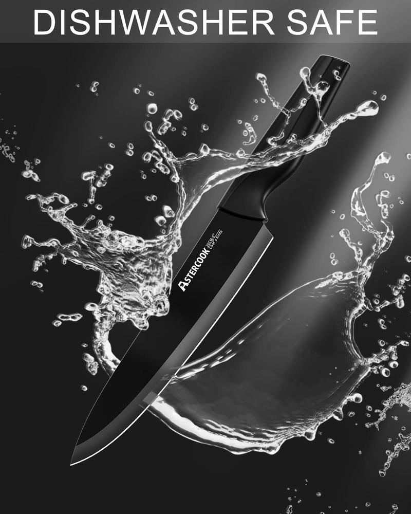 Astercook Kitchen Knife Set, German High Carbon Steel, Serrated Blades, Built-in Sharpener, Chef, Steak, Bread Knives, Scissors. Premium Black Block