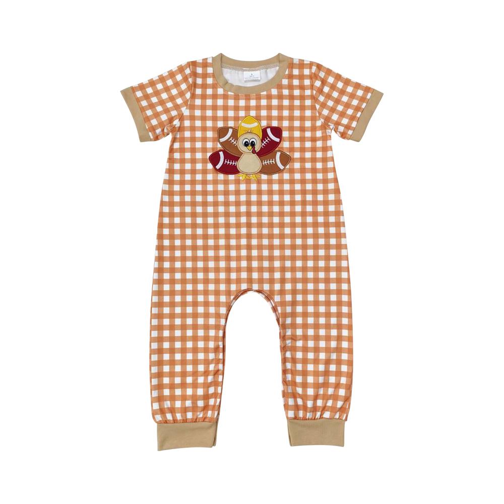 SR1887--baby clothes Embroidered Turkey khaki checkered short-sleeved onesie