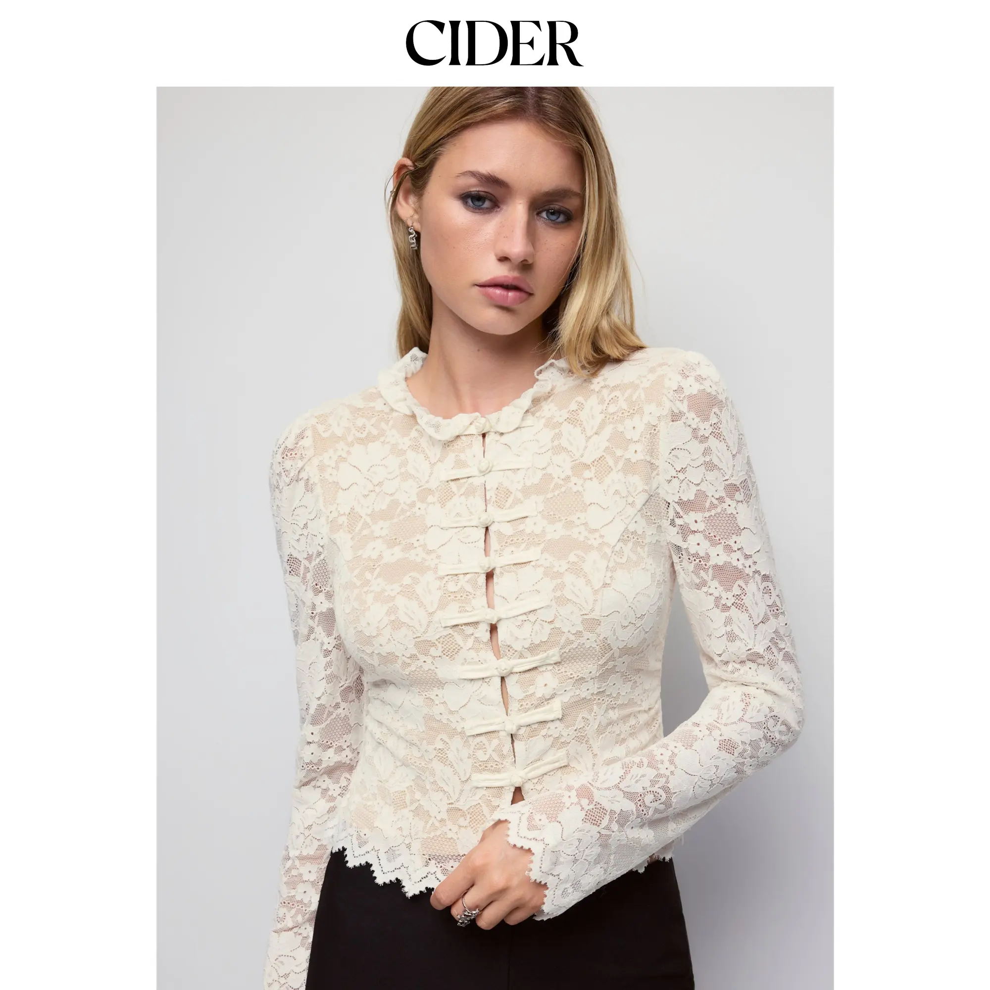 Cider Lace Stand Collar Ruffled Puff Sleeve Long Sleeve Top