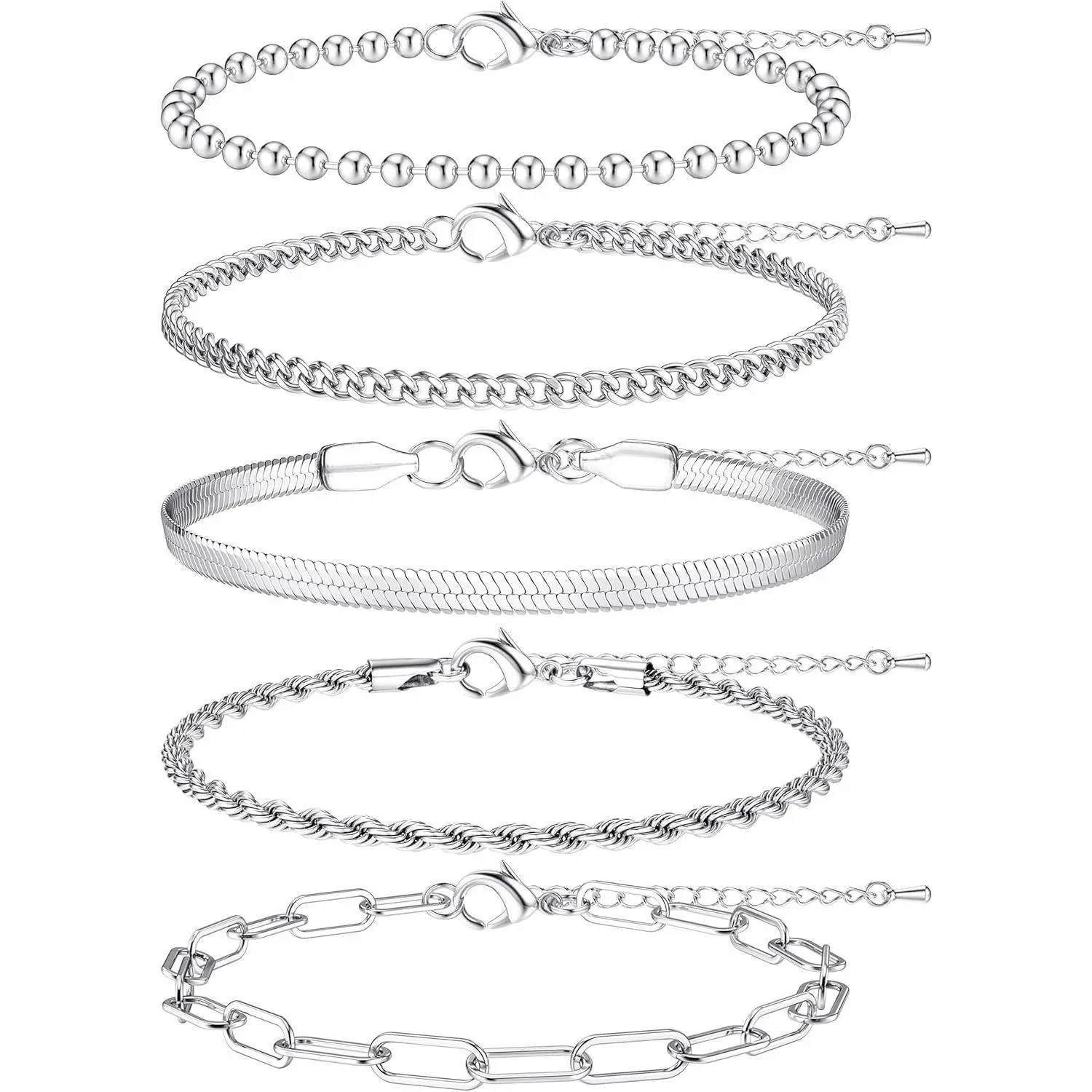 CASSIECA Women's 5Pcs Daily Stacking Bracelets Set - Gold-Silver Stainless Steel with Rope, Cuban, Figaro, Bead Chain & Link Charm Designs, Fashion Costume Jewelry for Sohochic