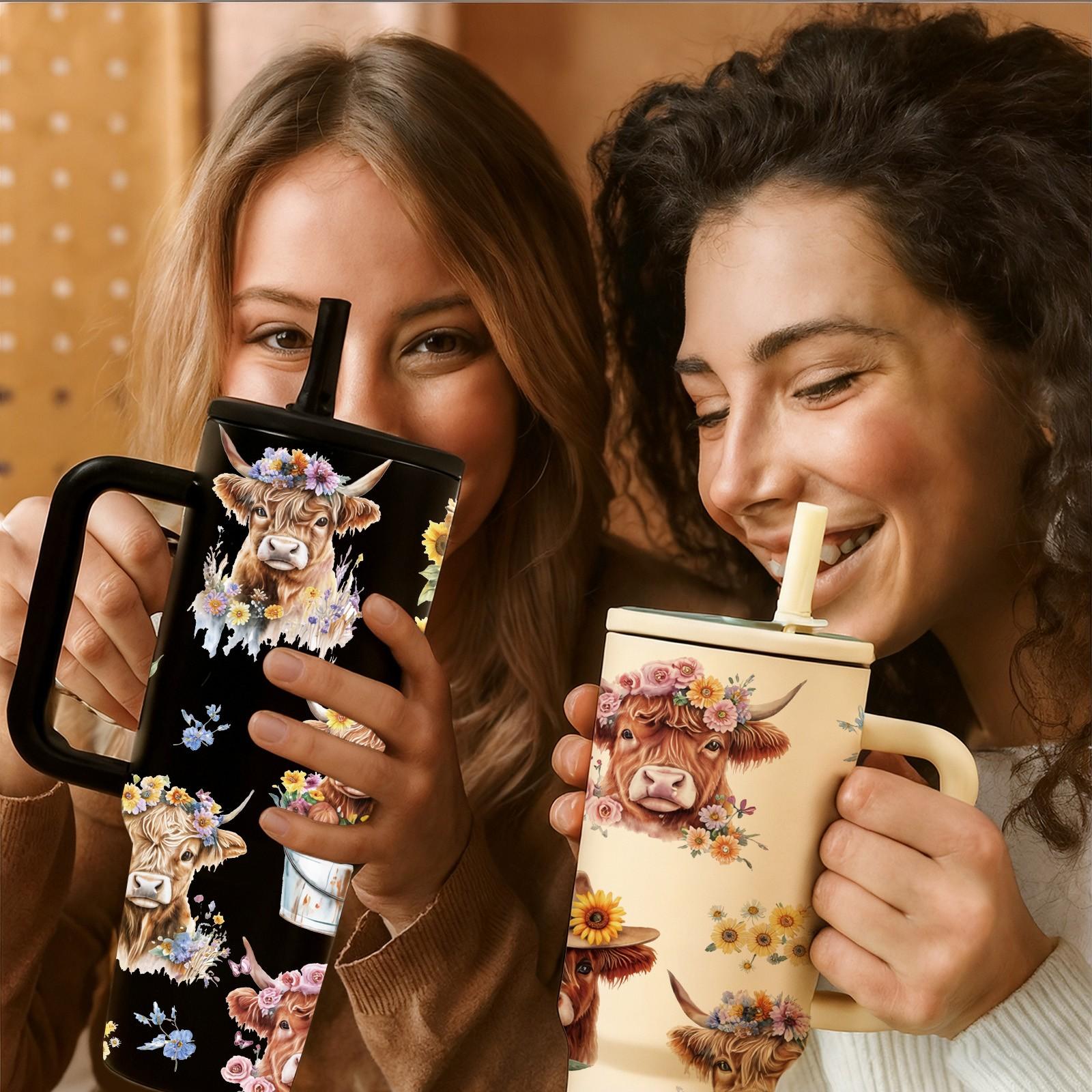 AuraCup 1pc 40oz Insulated Tumbler with Handle and Lid, Highland Cow Floral Farm Style Stainless Steel Travel Cup, Cute Cowgirl Sunflower Design Coffee Water Mug, Double Wall Vacuum Tumbler for Hot Cold Drinks, Perfect Gift for Farm Lovers, Country Wester