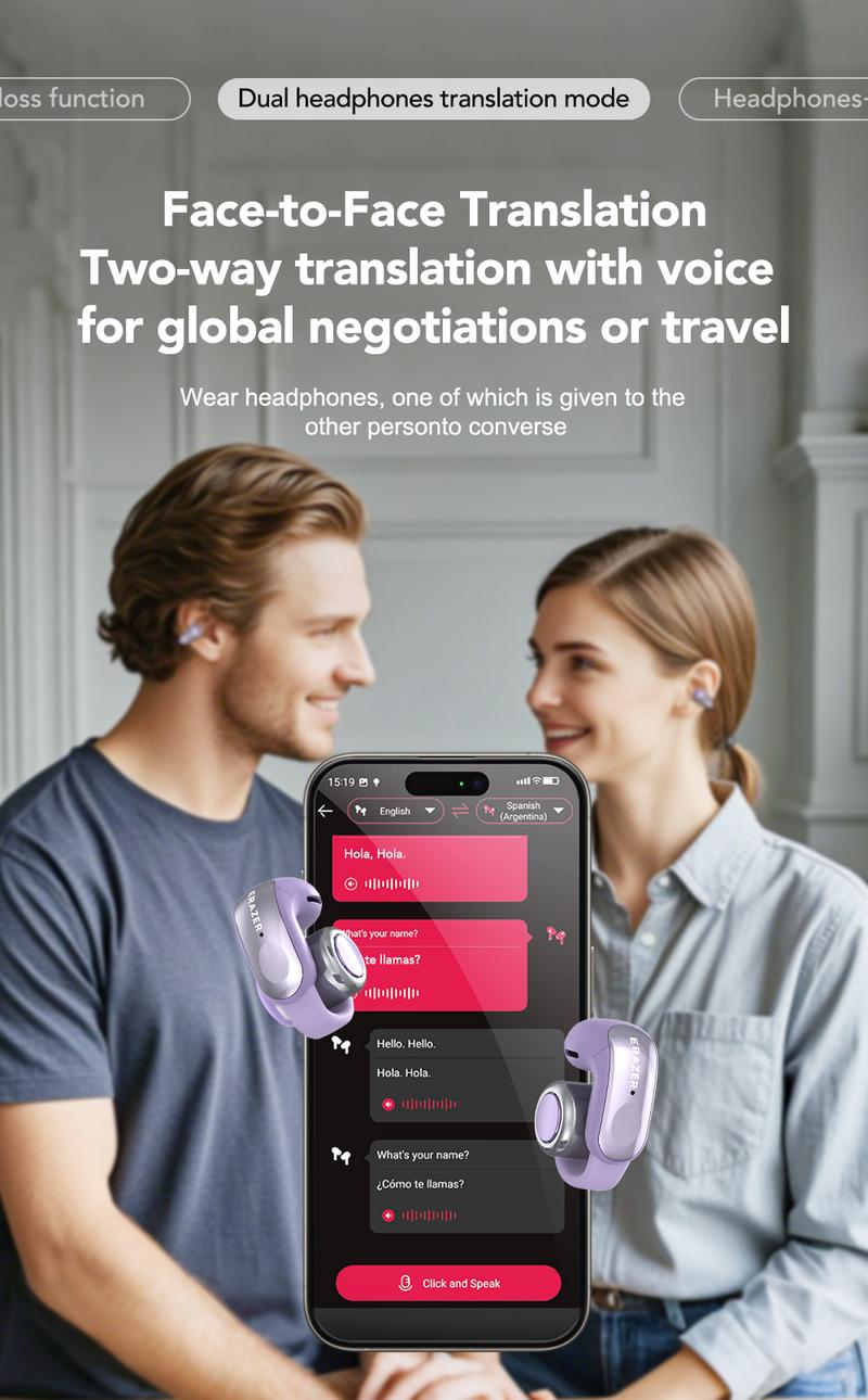 ERAZER XF28 Translation Wireless Earbuds, Clip-On Ear Headphones, Supports Real-Time Translation in 134 Languages With APP, Bluetooth 6.0 Earphones, Audio Wireless Earbuds for Music & Phone Calls,Waterproof Sports Electronic Headphones with Long Endurance