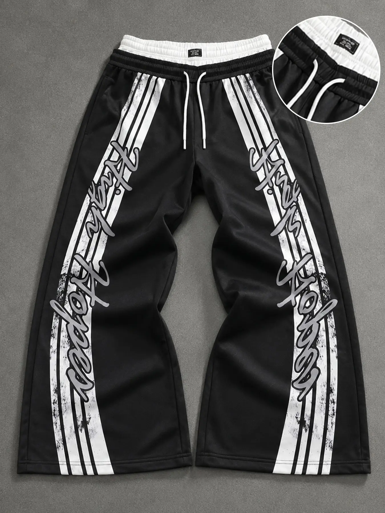 Men Vintage Distressed Letter Print Sweatpants, Loose Baggy Track Pants, Elastic Drawstring Waist, Casual Hip Hop Joggers