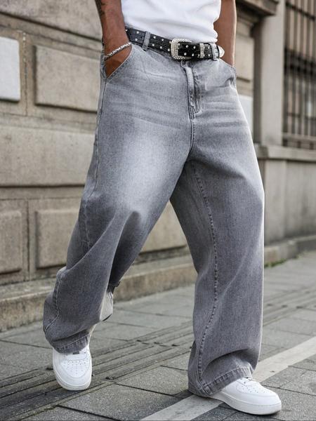 Men's New Street Style Loose-Fit Jeans, Washed Vintage Casual Straight Leg Pants, Trendy Long Denim Trousers for Everyday Wear Denim Streetwear