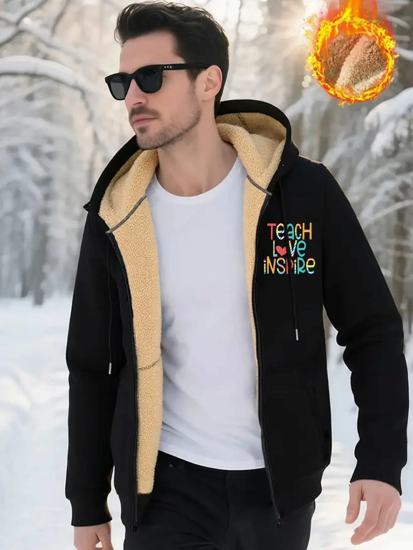 Rainbow Letter Heart Print Hooded Zipper Sweatshirt, Casual Long Sleeve Loose-Fit Men's Winter Coat, Thickened Warm Fleece Jacket