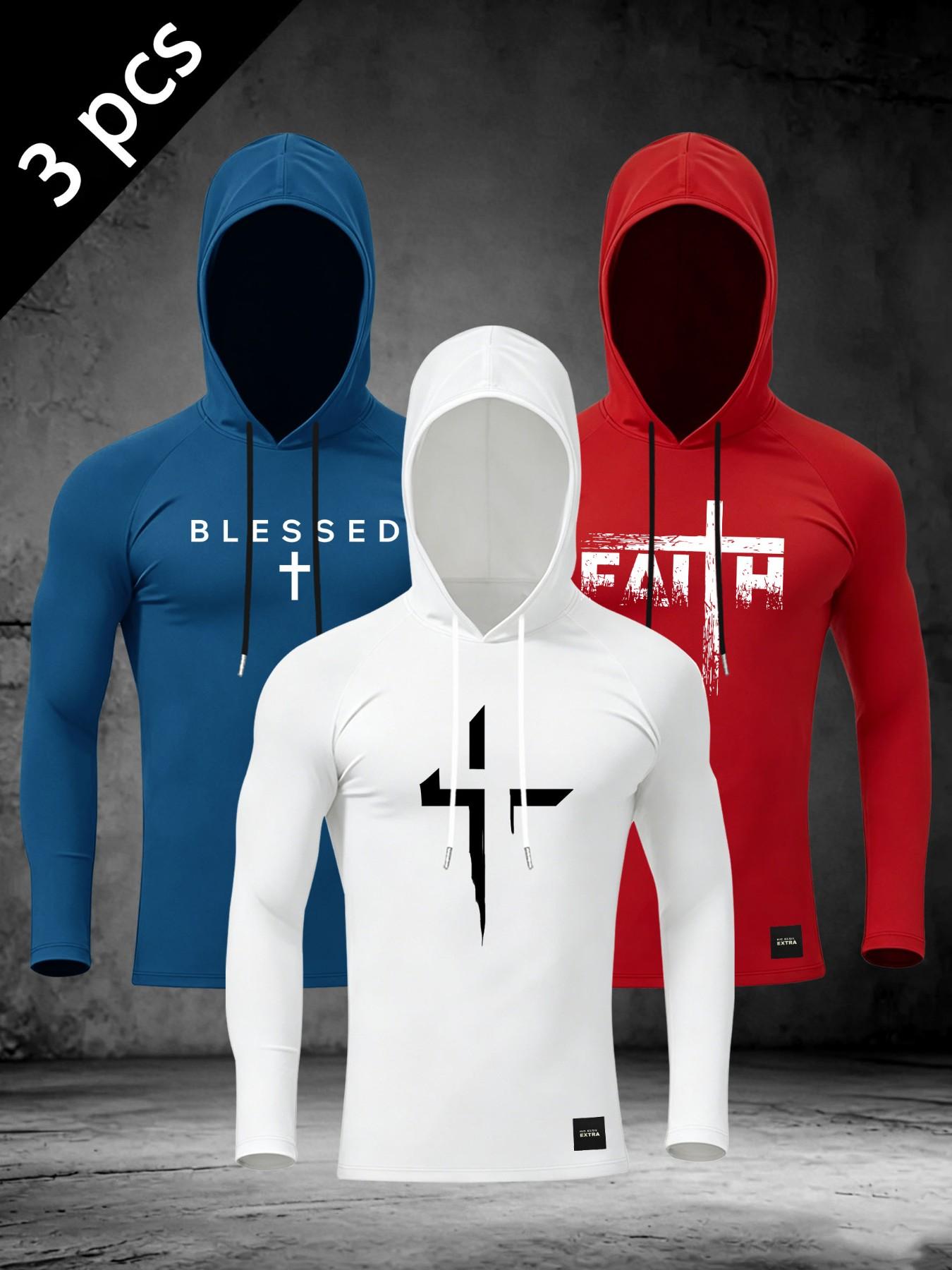 Men's Christian Faith Hooded Long Sleeve, Compression Fit Cross Print Athletic Shirt, Gym Workout Streetwear Top #ChristianAthletic #CompressionShirt #FaithInspiredGym #WorkoutHoodie #TikTokMadeMeBuyIt