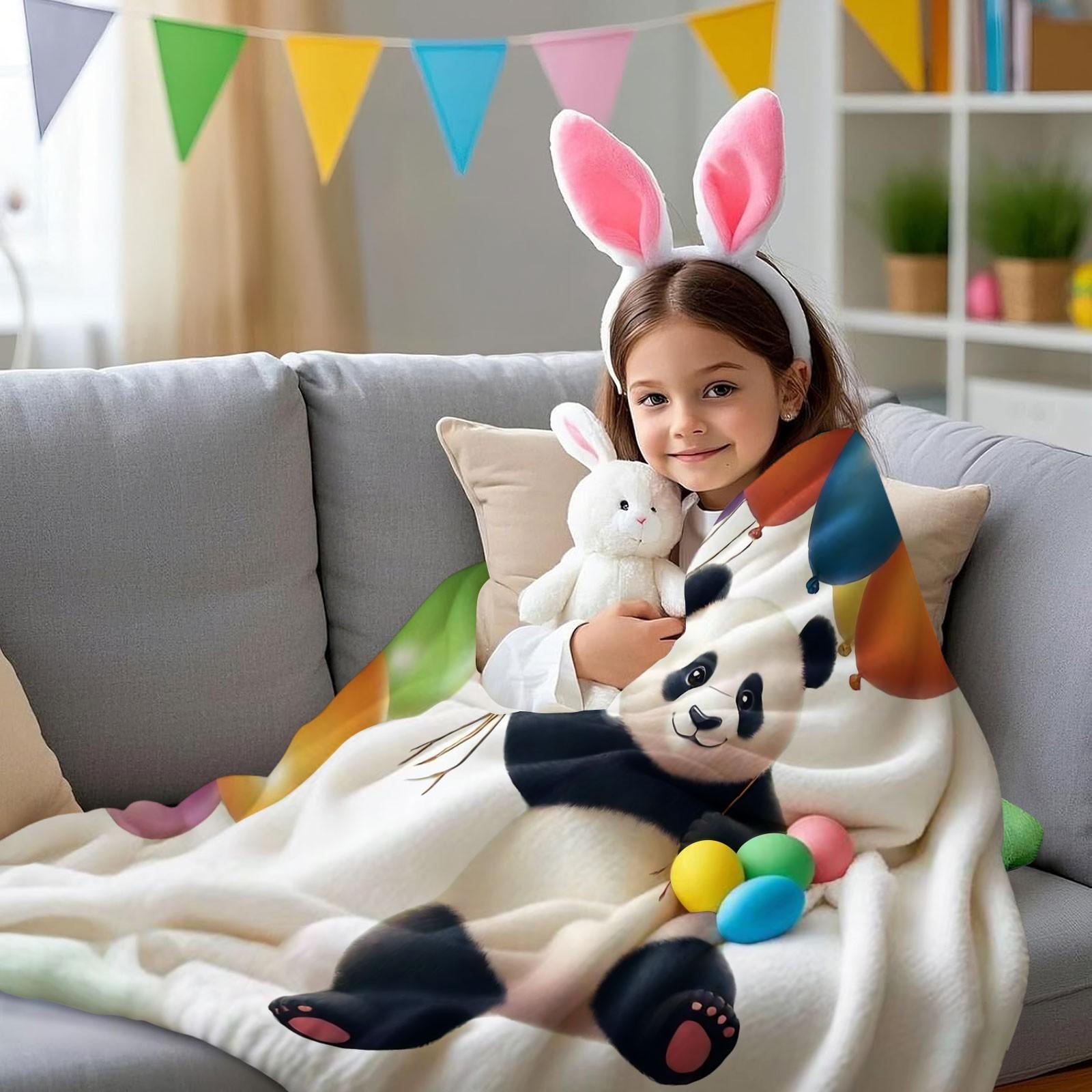 Cute Panda Holding Colorful Balloons Flannel Blanket, Fun Cartoon Animal Print Throw Blanket, Ultra Soft Cozy Warm Blanket, Cheerful Gift Blanket for Kids, Panda Lovers, Couch & Bed