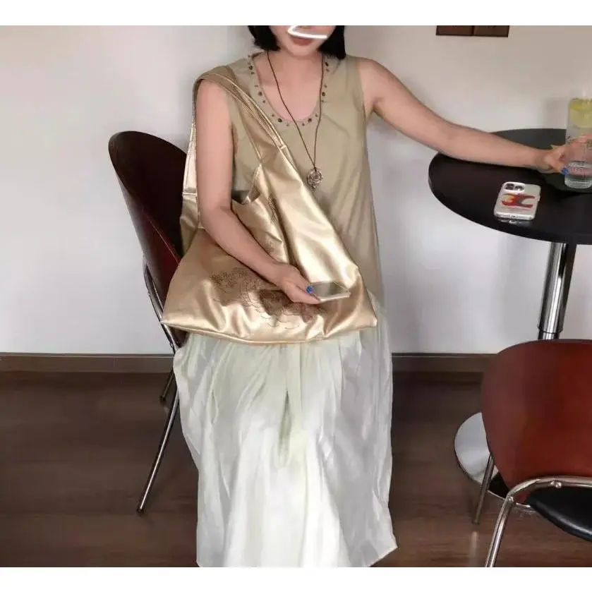 Gold Embroidered Mermaid Tote Bag Women Sweet Large Capacity Handbag Ladies Harajuku Y2k Aesthetics Luxury Design Shoulder Bags