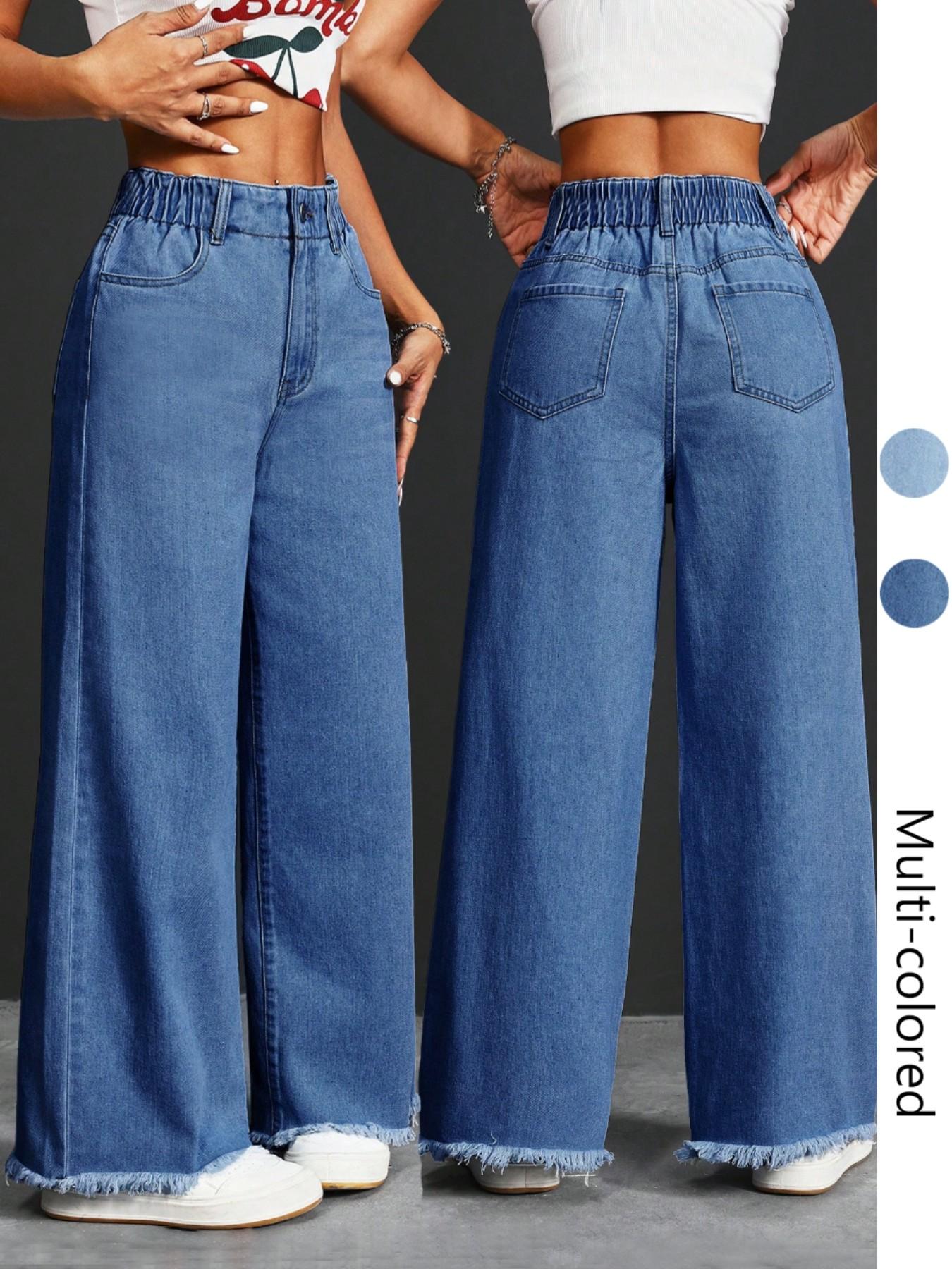 Women's High Waist Denim Jeans, Elastic Waist Design, Pockets with Buttons, Casual Fashion, Fuzzy Hem, Comfortable Pants for All Seasons