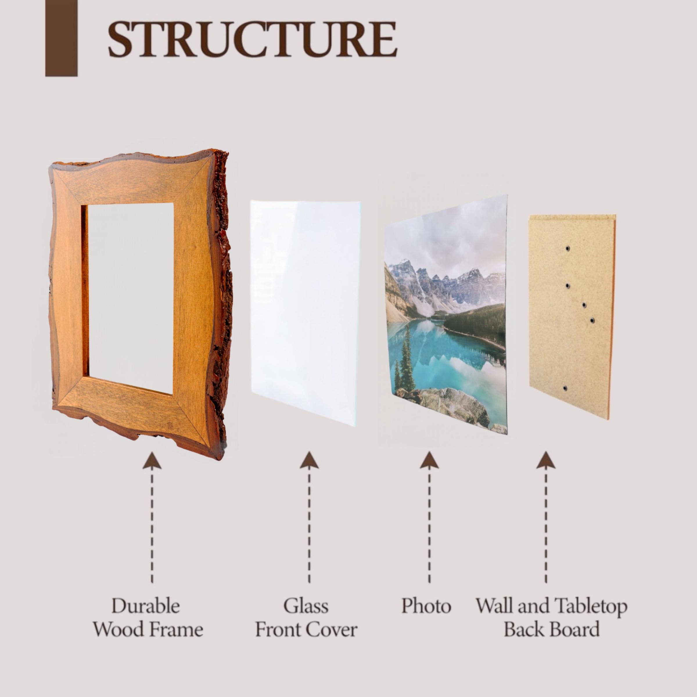 1 Pack 8x10 Picture Frame Rustic Brown, Solid Wood Picture Frame with Bark Edges & Real Glass Cover, Vertical/Horizontal Tabletop or Wall-Mounted Photo Frame, Farmhouse Decor, Living room and bedroom Decor, for Christmas Home Decor, Wavy Edge Design