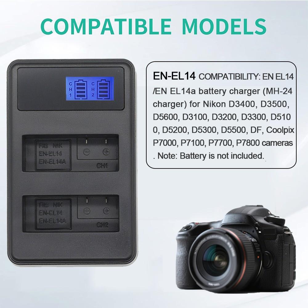 1Pcs EN-EL14 Dual Slot Camera Battery Charger, LCD Display, Suitable for Nikon MH-24 Charger, P7000, P7100, P7700, P7800, D3100, D3200, D3300 DSLR Camera Battery Charger (batteries not included in the product)