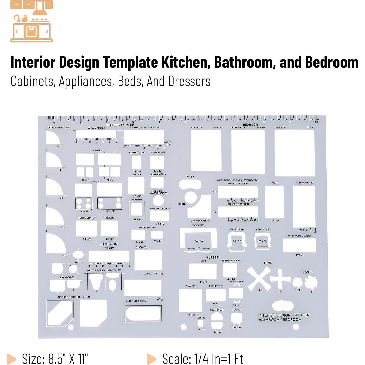 - House Plan, 3 count, Interior Design and Furniture Templates | Clear Flexible Plastic, Drafting Tools, Ruler Shapes for Architecture, 1/4 Inch Scale, Kitchen, Bath, Bedroom, Office