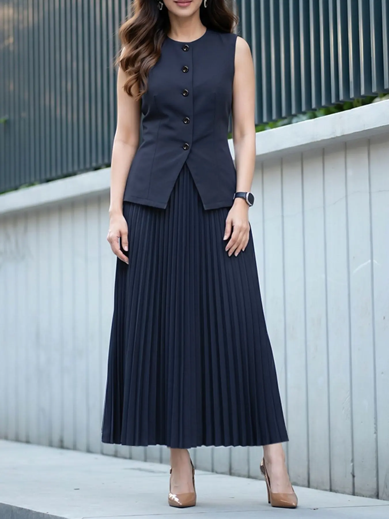 ZANZEA Women's Round Neck Button Vest and Pleated Skirt Set, Casual Elegant Slim-Fitting Sleeveless Top, Medium Length, Solid Pattern, European Style