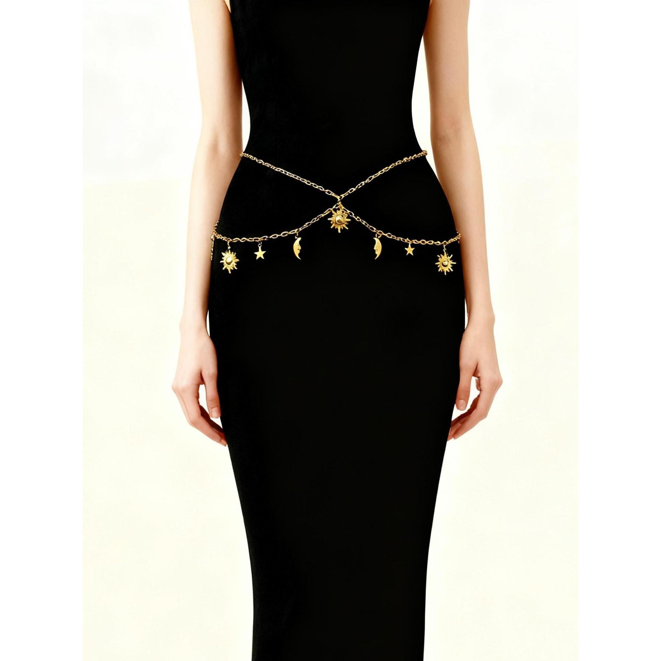 Gold Chain Belt, Bling Chain, for Women Plus Size Gold Waist Chains Metal Sun Moon Layered Body Chain Jewelry for Women Belly Belts Dress Pirate Costume Accessories African Waist Jewelry Body Jewellery