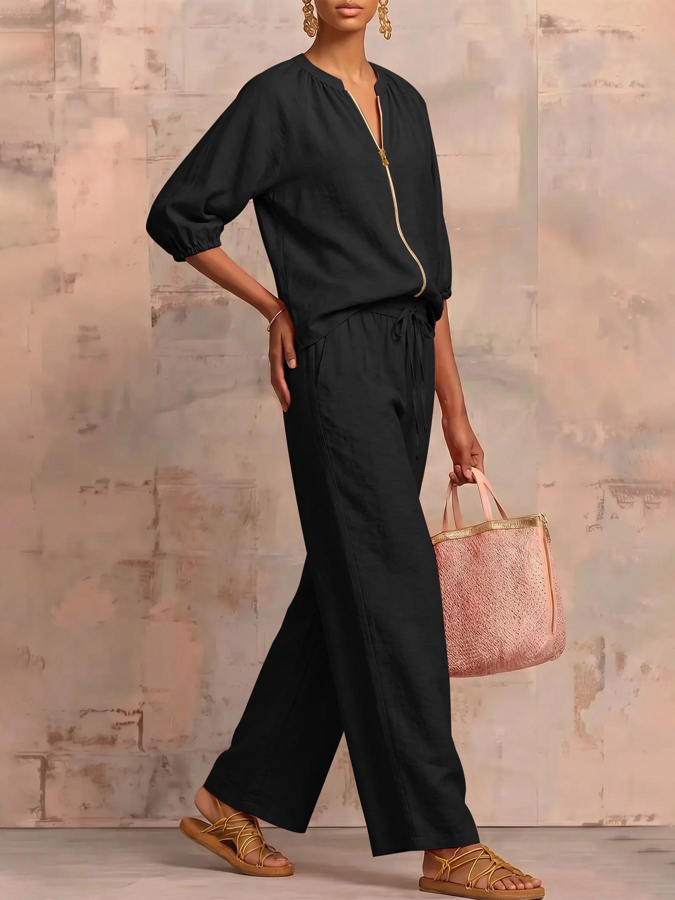 Minimalist Textured Matching Suit, Front Zip Blouse, Loose-Fit Casual for All Seasons, Adult Women's Clothing Set，loungewear set ，Vintage Casual Co-ord Outfit, Soft comfy fabric, skin-friendly, Casual Lounge Sets
