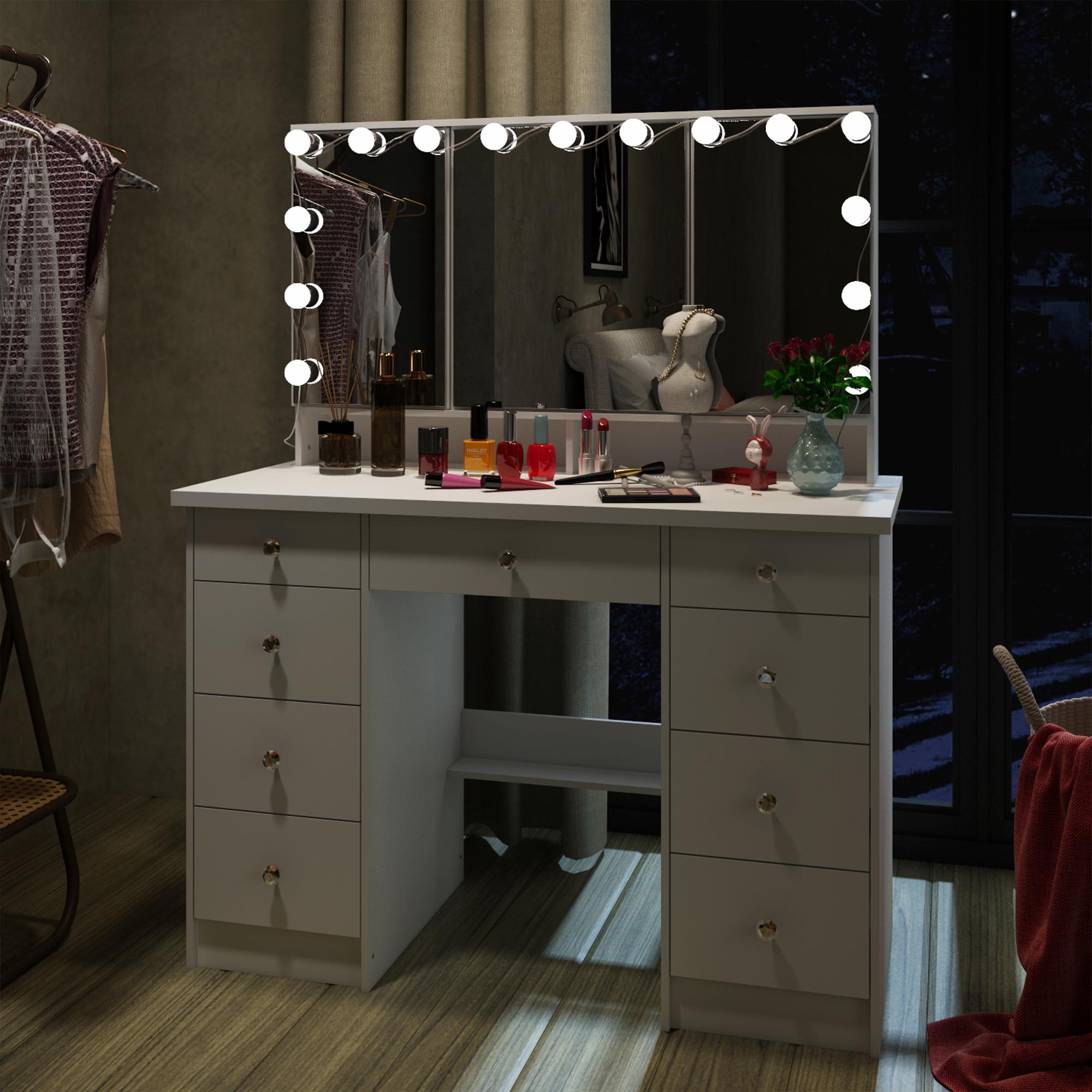 FUFUGAGA-43.3"W Vanity Desk With 9 Drawers, Makeup Desk With 3-Mirror And Touch Screen Light, Dressing Makeup Table For Bedroom