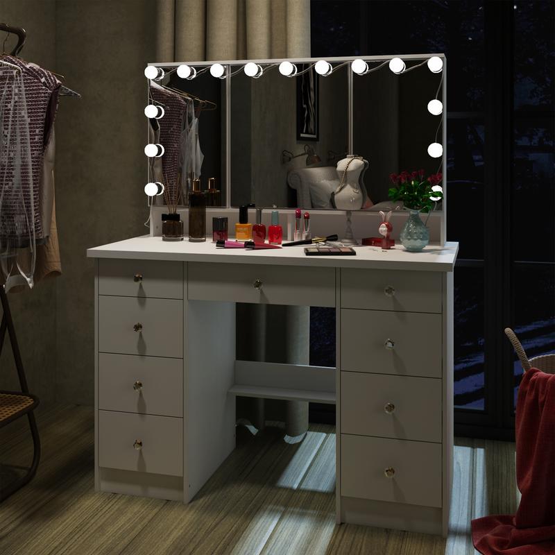 FUFUGAGA-43.3"W Vanity Desk With 9 Drawers, Makeup Desk With 3-Mirror And Touch Screen Light, Dressing Makeup Table For Bedroom