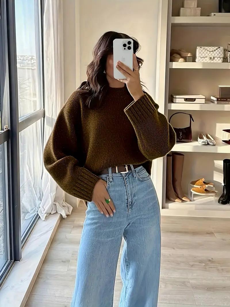 Women's Vintage Knit Sweater, Fall Winter New Round Neck Loose Fit Casual Soft Comfortable Top, Elegant High-End Slimming Design