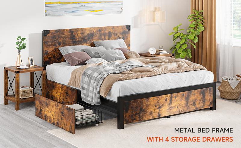 Full/Queen/King Bed Frame with Wood Headboard, Platform Bed Frame with Under Bed Storage and Metal Legs, No Box Spring Needed-Rustic Brown