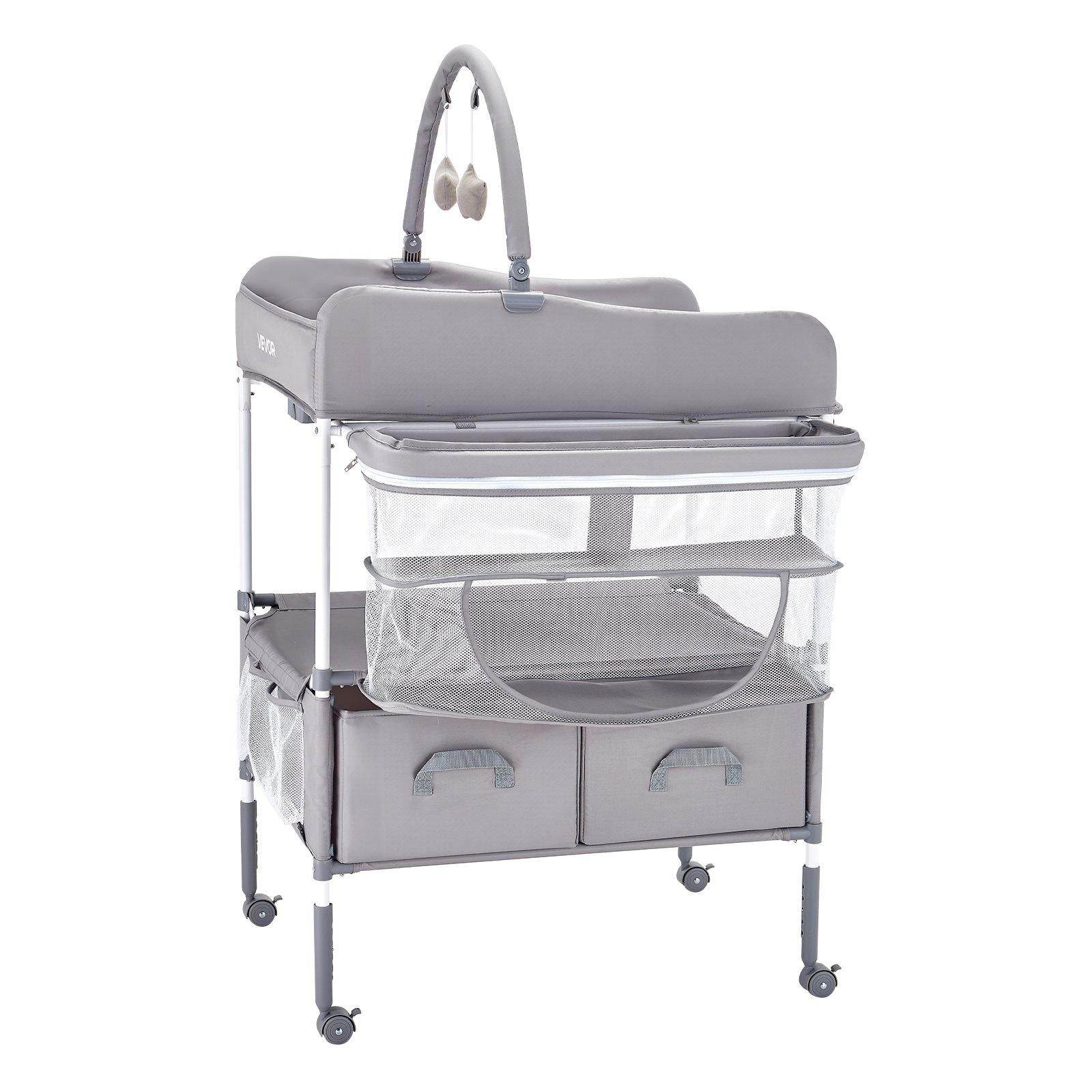 VEVOR Baby Changing Table, Foldable Diaper Change Station with 2 Fabric Drawers, Side Basket & Hanging Rod, Adjustable Height Portable Changing Table with Lockable Wheels & 2 Star Toys, Light Gray