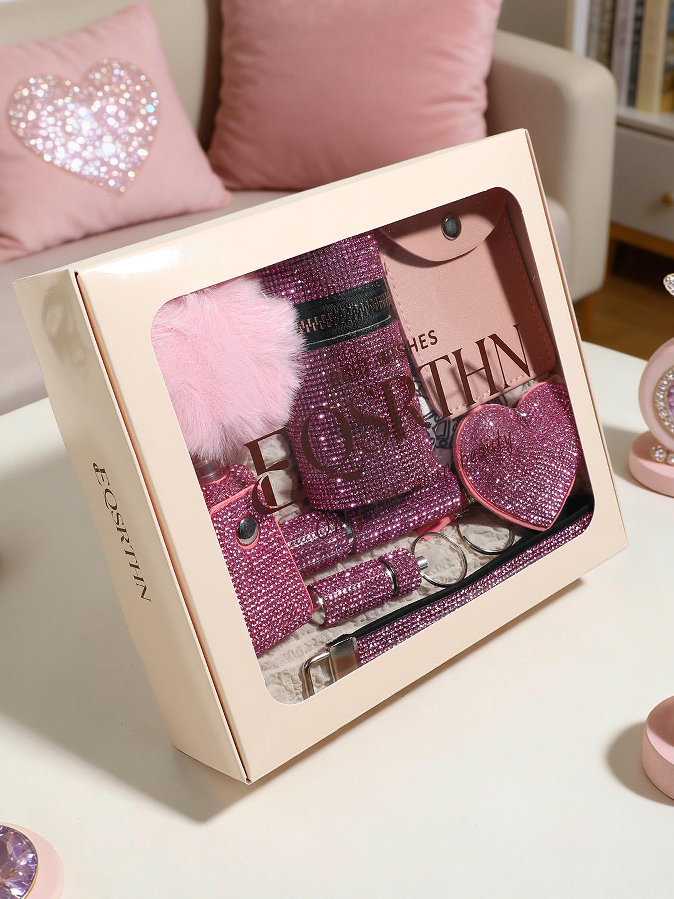 Cute and Powerful 14 Pcs Women's Safety Keychain Set Purple Glitter Blinged Out Bling Kit Includes Personal Siren Non Contact Tool Pepper Spray Holder Fluffy Ball Keychain Essential Gifts for Girls