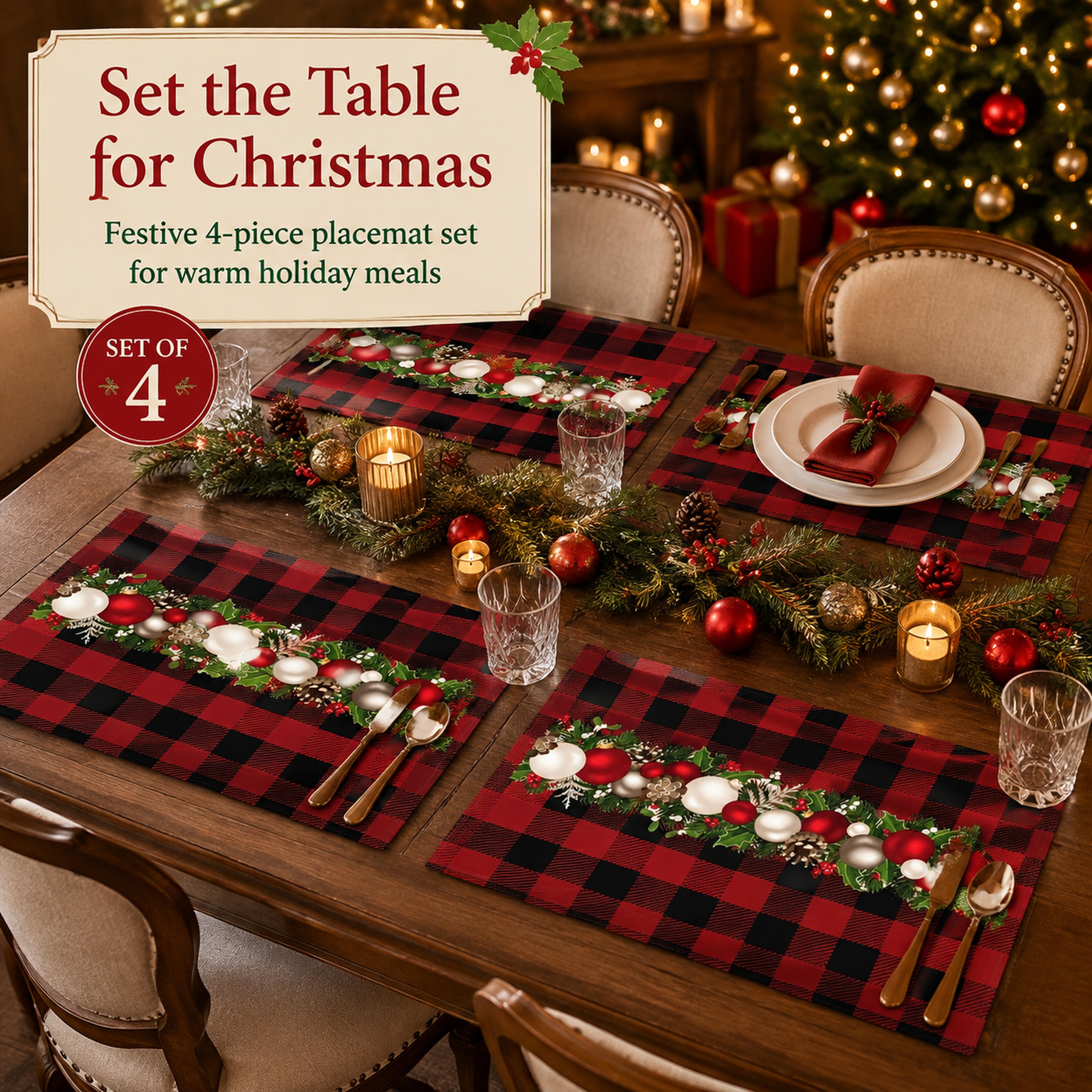 4‑Pack Christmas Festive Placemat Set, Classic Size Table Mats for Home Kitchen Dining Tables, Holiday Decor for Christmas Party & Family Dinner Lovers