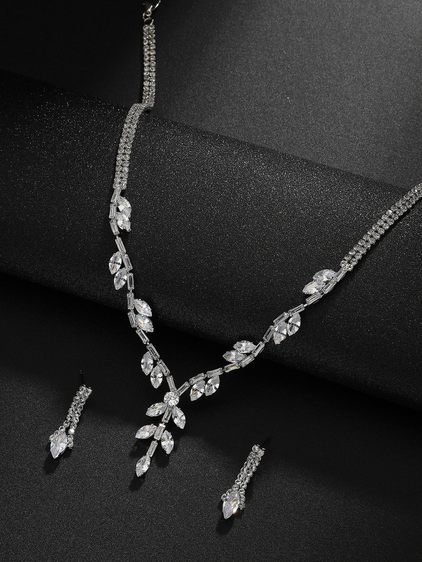 Luxury Zircon Leaf Necklace Earrings Set, Full Diamond Branch Design, Elegant Evening Lockbone Chain Studs, Perfect Gift for Her