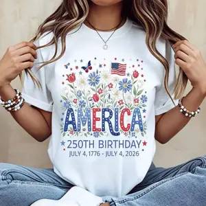 Floral Birthday July 4 1776 July 4 2026 Print T Shirt White Casual Loose Fit Top For Everyday Wear And Outdoor Activities