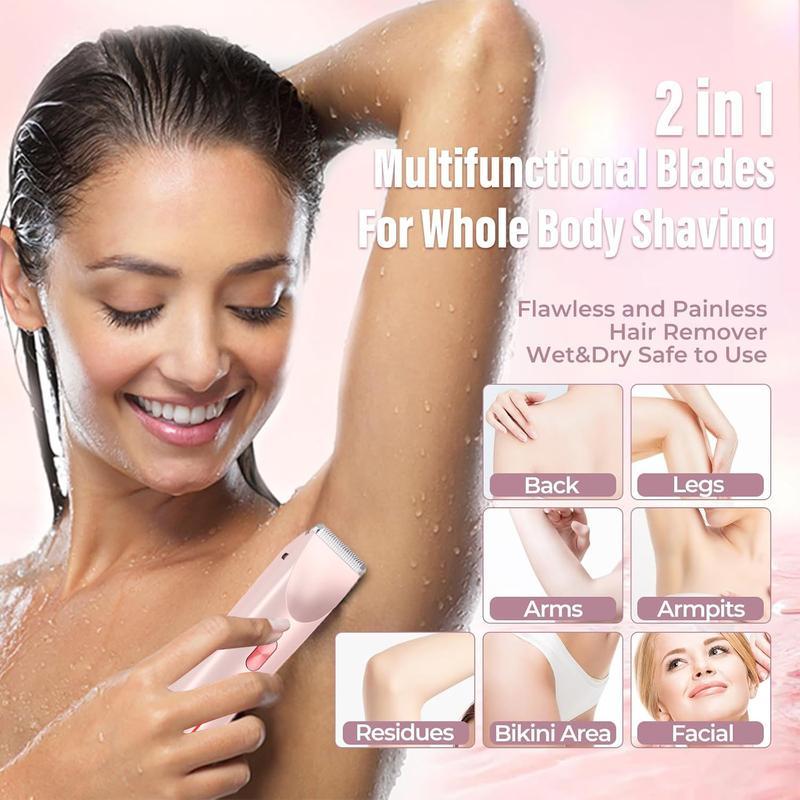 Bikini Trimmer for Women, Electric Shaver and Razor Rechargeable 2-in-1 Body and Facial Epilator, Dual Heads for Painless Trimming of Pubic Hair, Face, Underarms and Legs, IPX7 Waterproof. Christmas Gift New Year