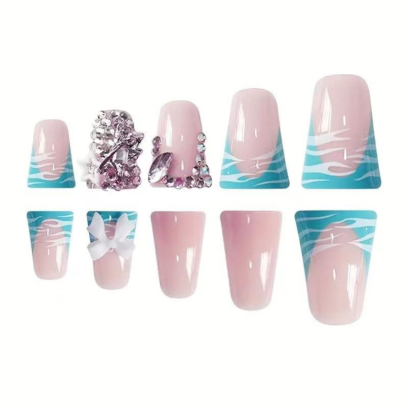 24pcs Duckbill False Nails Set, Glittering Fake Nails, Light Base with Blue Wave Butterfly Design, Glossy Finish Easy to Stick, Perfect for Daily Wear 24pcs Duckbill False Nails Set, Glittering Fake Nails, Light Base with Blue Wave Butterfly Design, Glossy Finish Easy to Stick, Perfect for Daily Wear