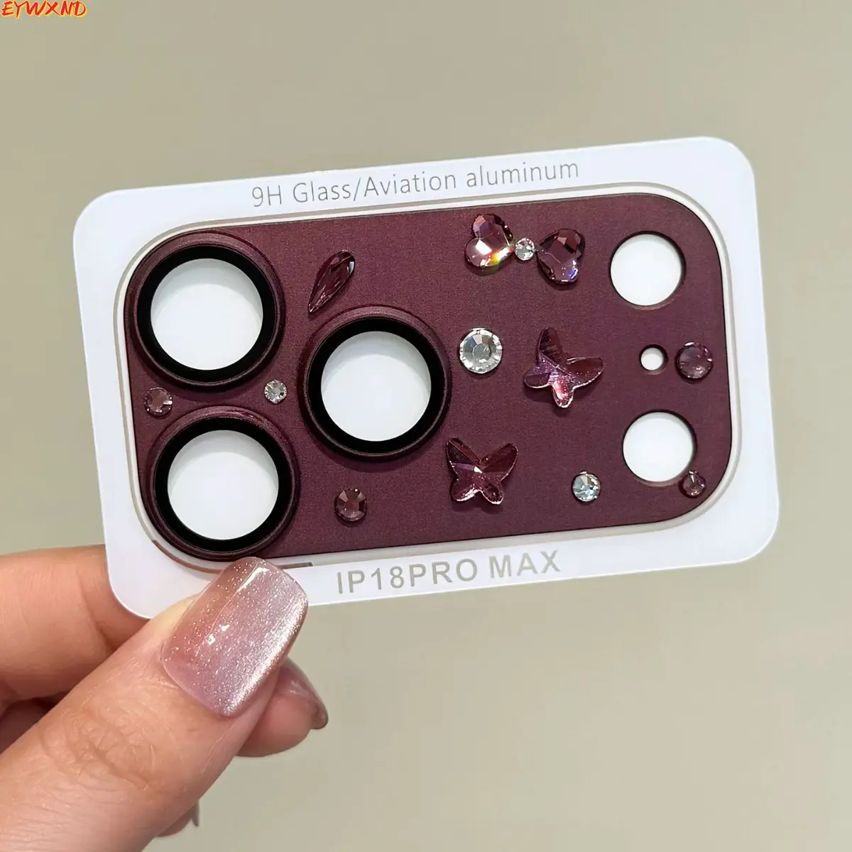 Burgundy Butterfly Rhinestone Camera Lens Protector Suitable for Apple 18P/18PM/17P/17PM integrated matte metal armor lens film lens protector 9H Tempered Glass, Aviation Aluminum Frame, Bling Diamond Camera Cover Decoration