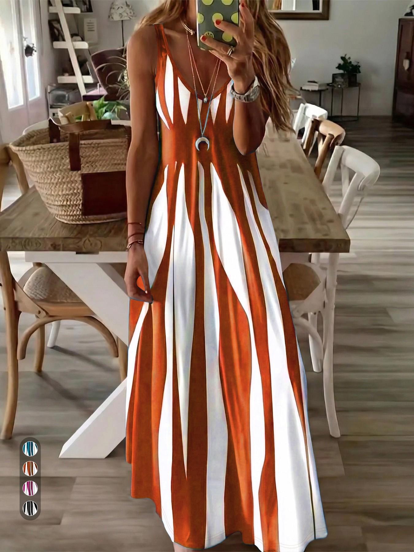Women's Casual Boho Chic Slip Dress, Boho Style Dresses, Summer Dress, Color Block Print, V-Neck Sleeveless Long Dress, Boho Summer Clothes, Stylish and Comfortable for Daily Wear