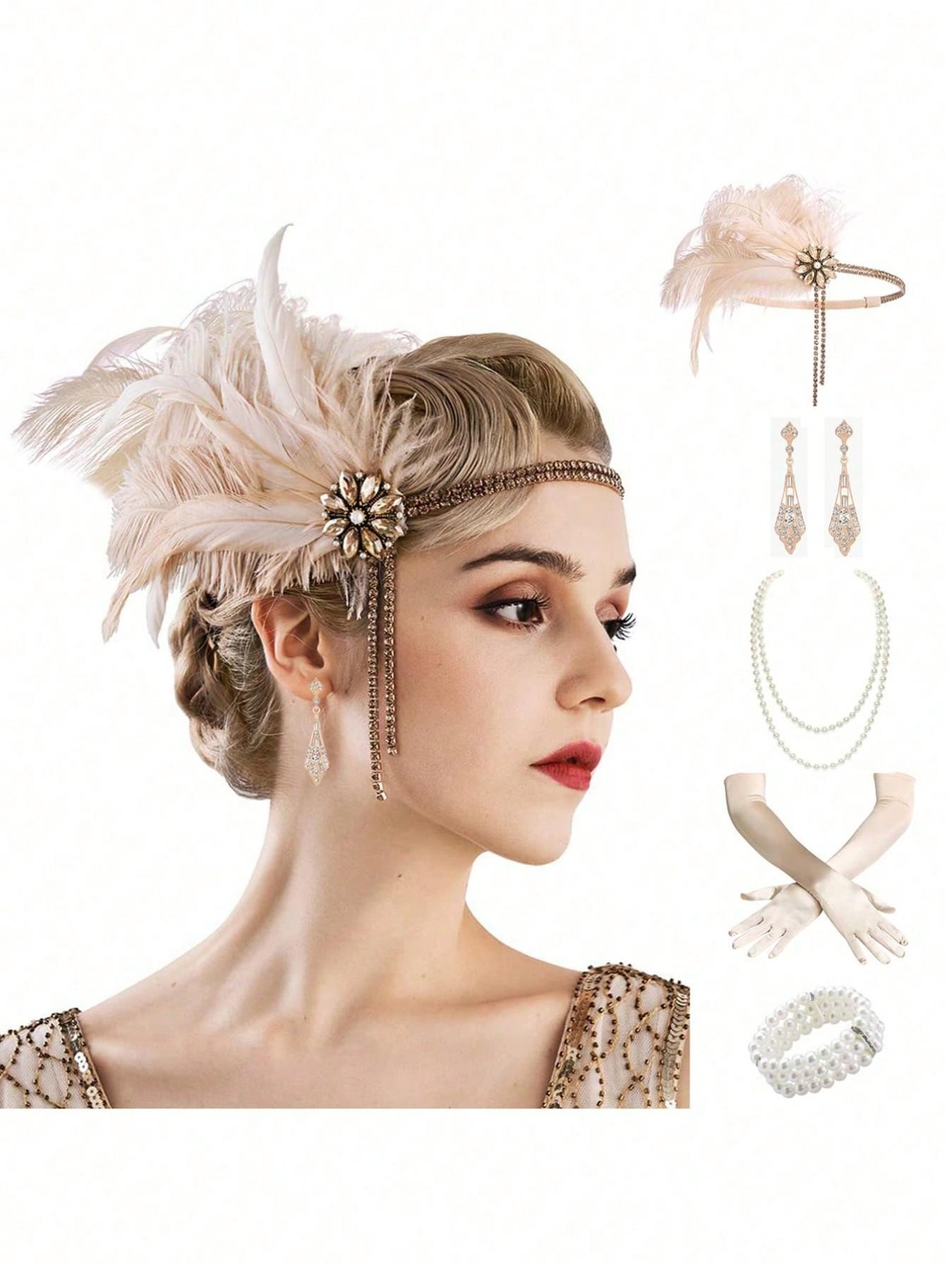 Flapper 1920s Accessory Set - Feather Headpiece Pearl Necklace Gloves Vintage Abaima Flapper Accessories Set, 1920s Headband, Pearl  main image 2