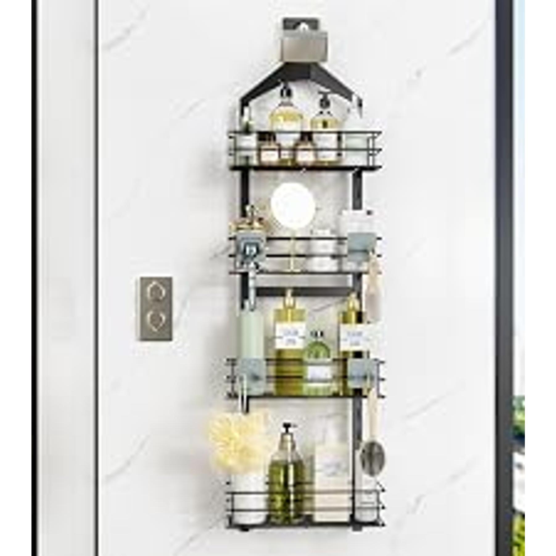 Rustproof 3 Tier Floor Standing Corner Shower Caddy Organizer with Toothbrush Holder, Large Spacing Floor Shower Shelf Rack Storage Stands with Hooks for Bathroom Kitchen, Black