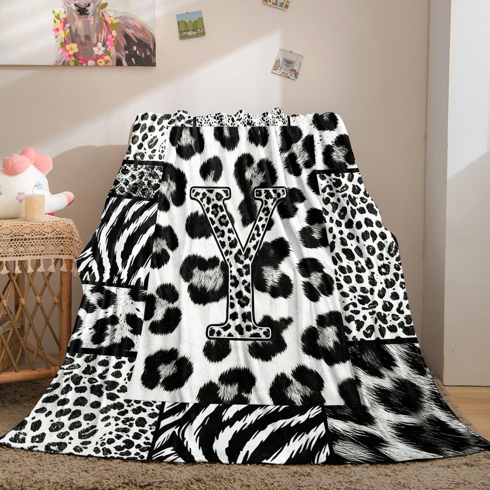 Custom Initial Animal Print Throw Blanket, Trendy Patchwork Visual Impact, Skin-friendly Breathable Lightweight, Perfect for Rental Bedroom Daily Use