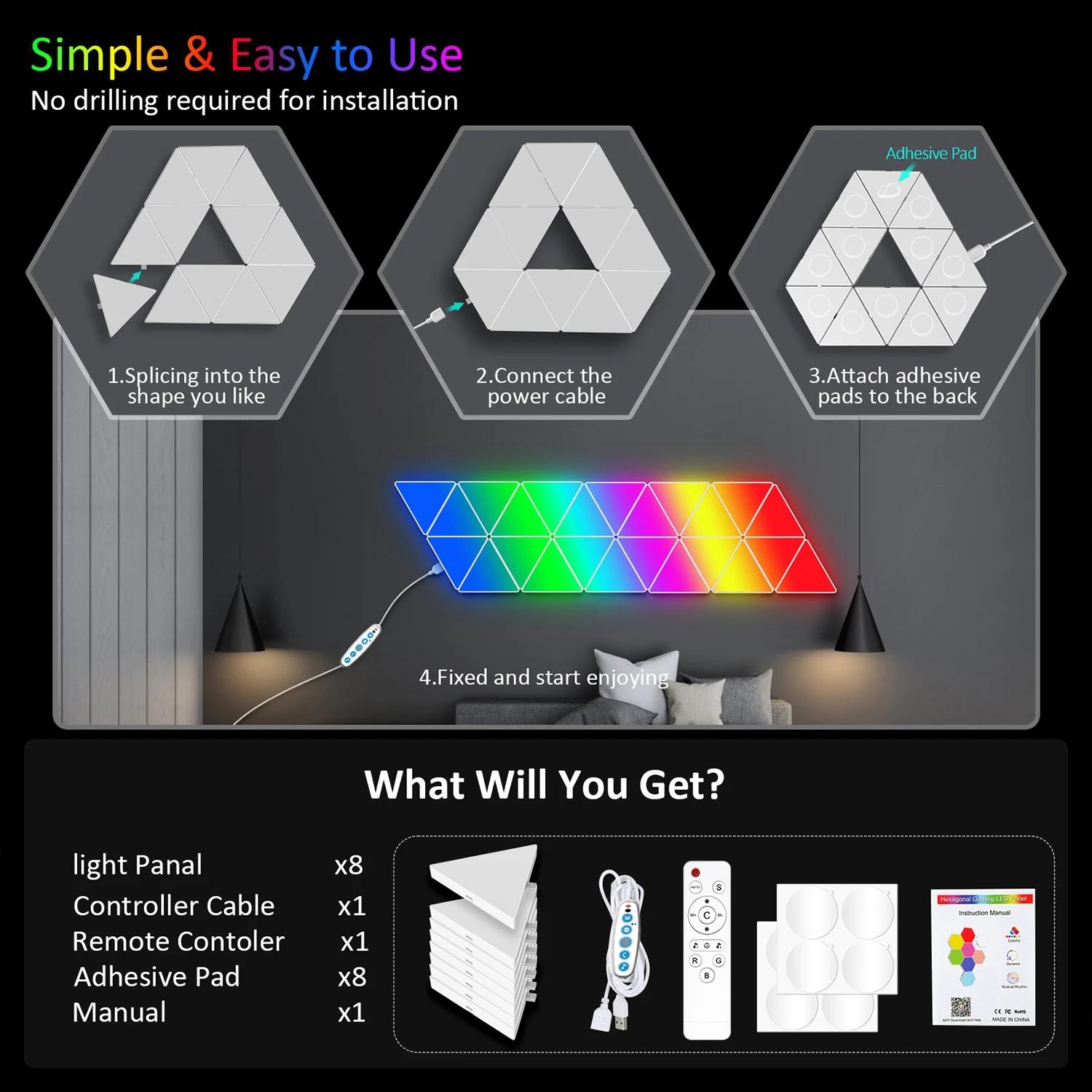Large Triangular RGB LED Light Panel, Smart Wall Lamp with APP Control & Music Sync, DIY Ambient Backlight for Game Room, Bedroom, Bedside Nightlight Decoration, Color Changing Light, Adjustable RGB Lighting