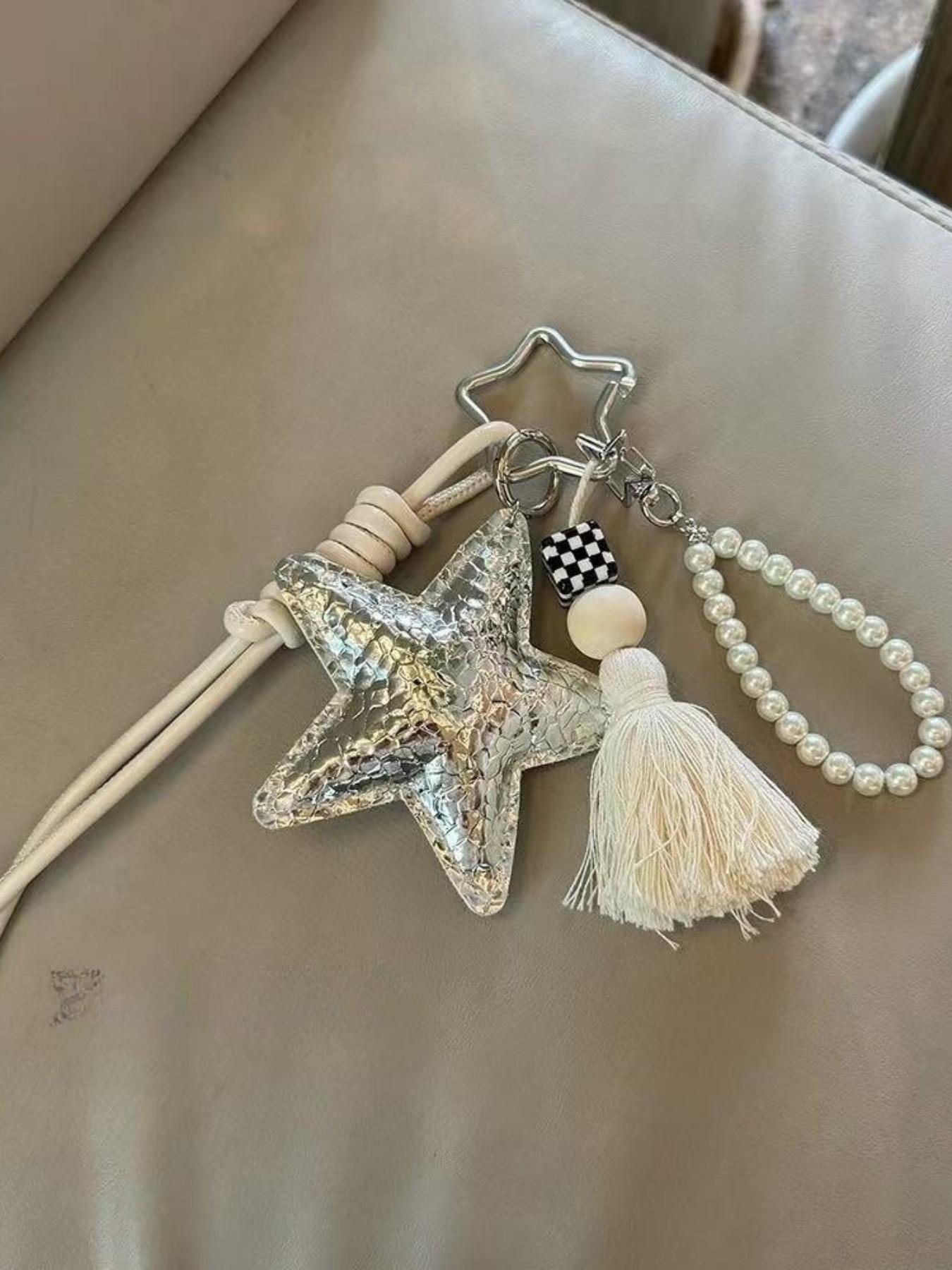 Gold Silver Color Pearl Sequin Star Bag Charm, Style Keychain Pendant, Book Decoration Accessory, Fashion Jewelry Gift, Sparkly Bag Charm