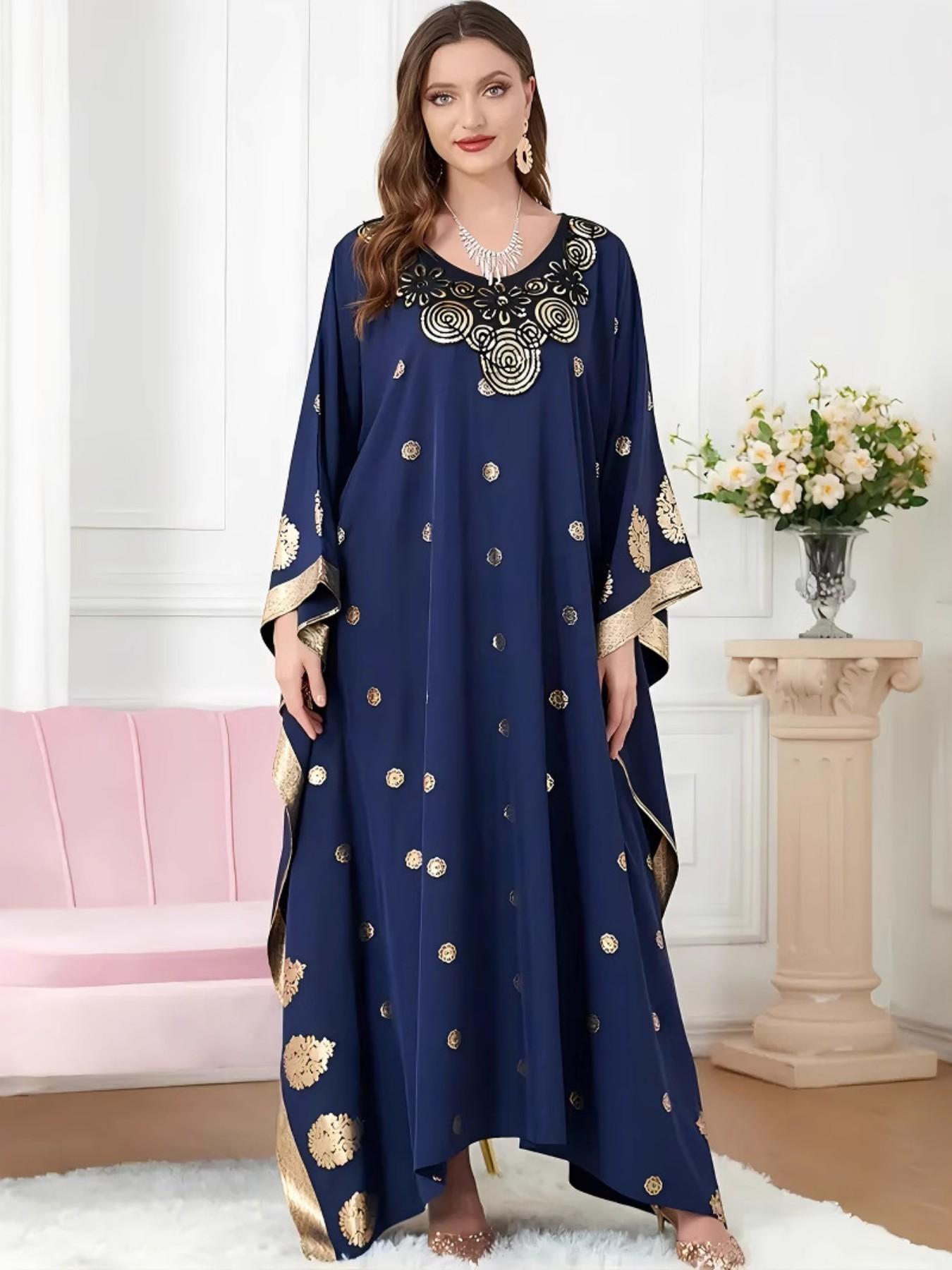 Muslim Women's Batwing Sleeve Long Robe, Embroidered Loose Fit Plus Size Dress, Cross-Border Export Fashion