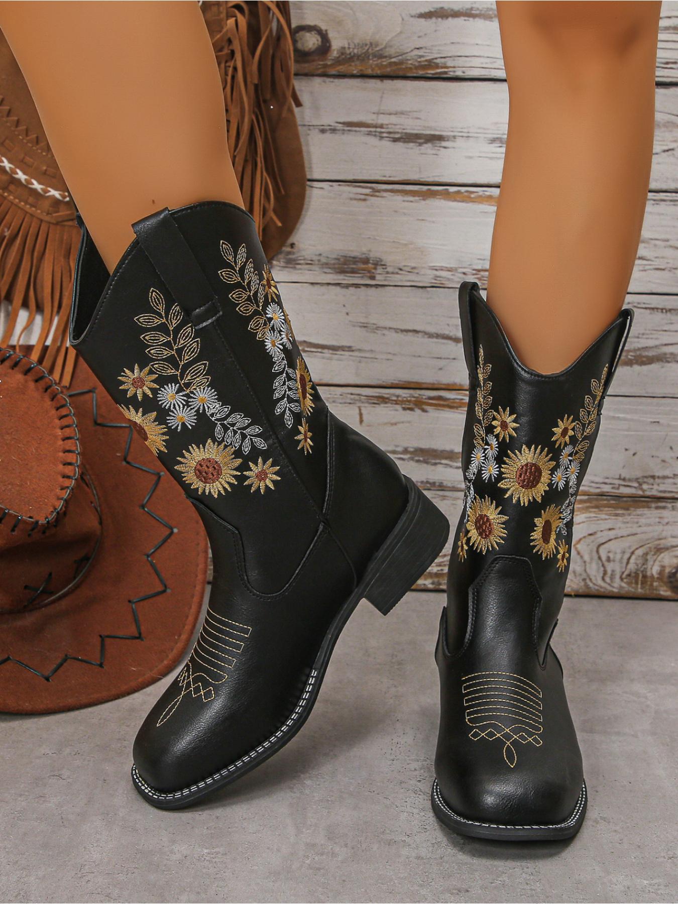 Women's Sunflower Floral Embroidery Mid-Calf Boots, Round Toe Low Heel, Vintage Western Classic Style, Daily Commute Party Fashion Shoes