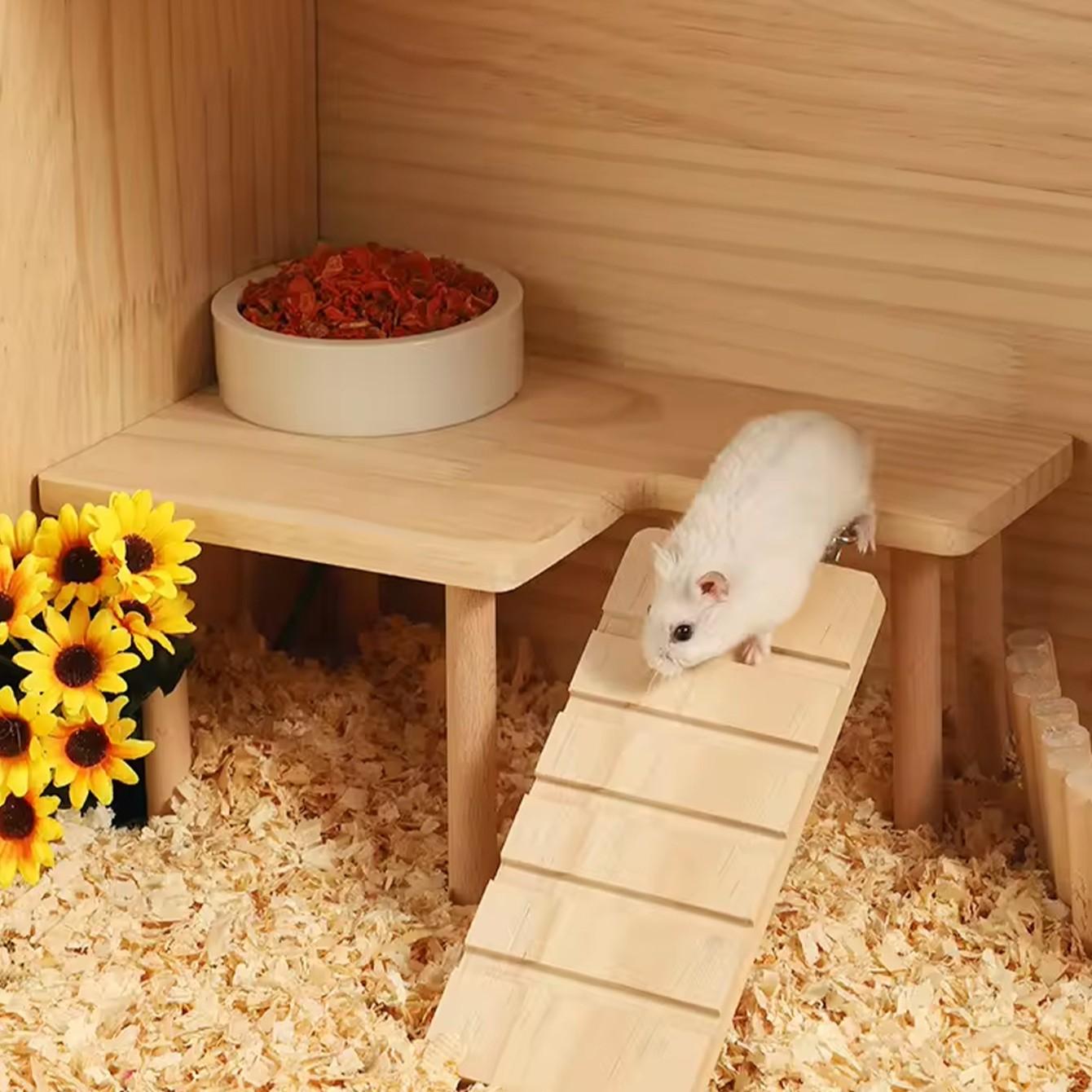 1 Set L-Shaped Solid Wood Hamters Two-Tier Platform Table with Ladder, Hamster Toys Bite-Resistant Stable Pet Hideout, Climbing Furniture for Small Pets, All Seasons Use