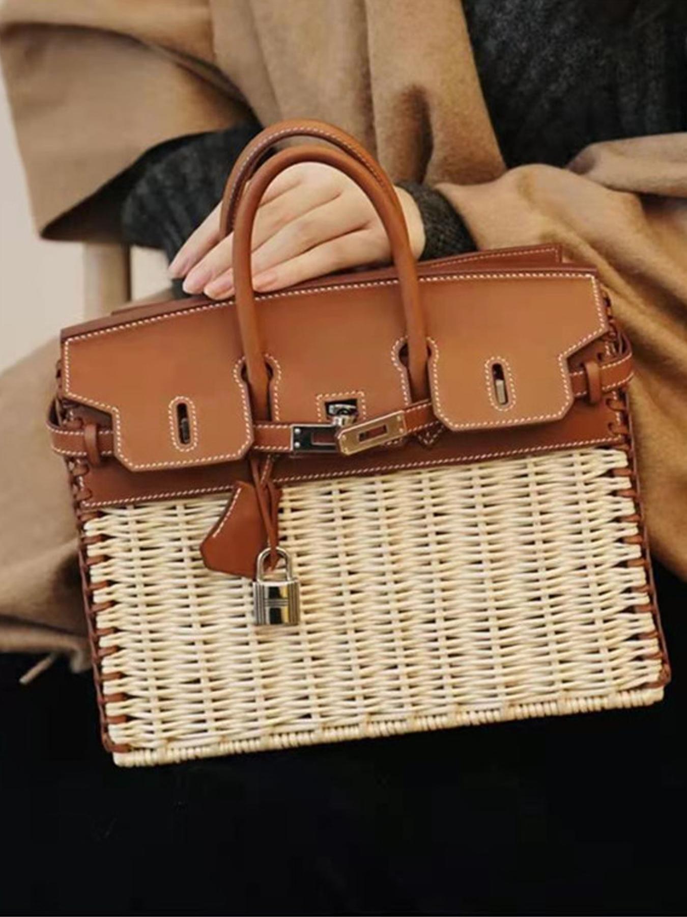 2026 Fashion Handbag, High-Quality Handmade Basket Bag, Picnic Lunch Bag, Platinum Color Bag for Girlfriend, Mother's Gift, Natural Rattan Crossbody Bag