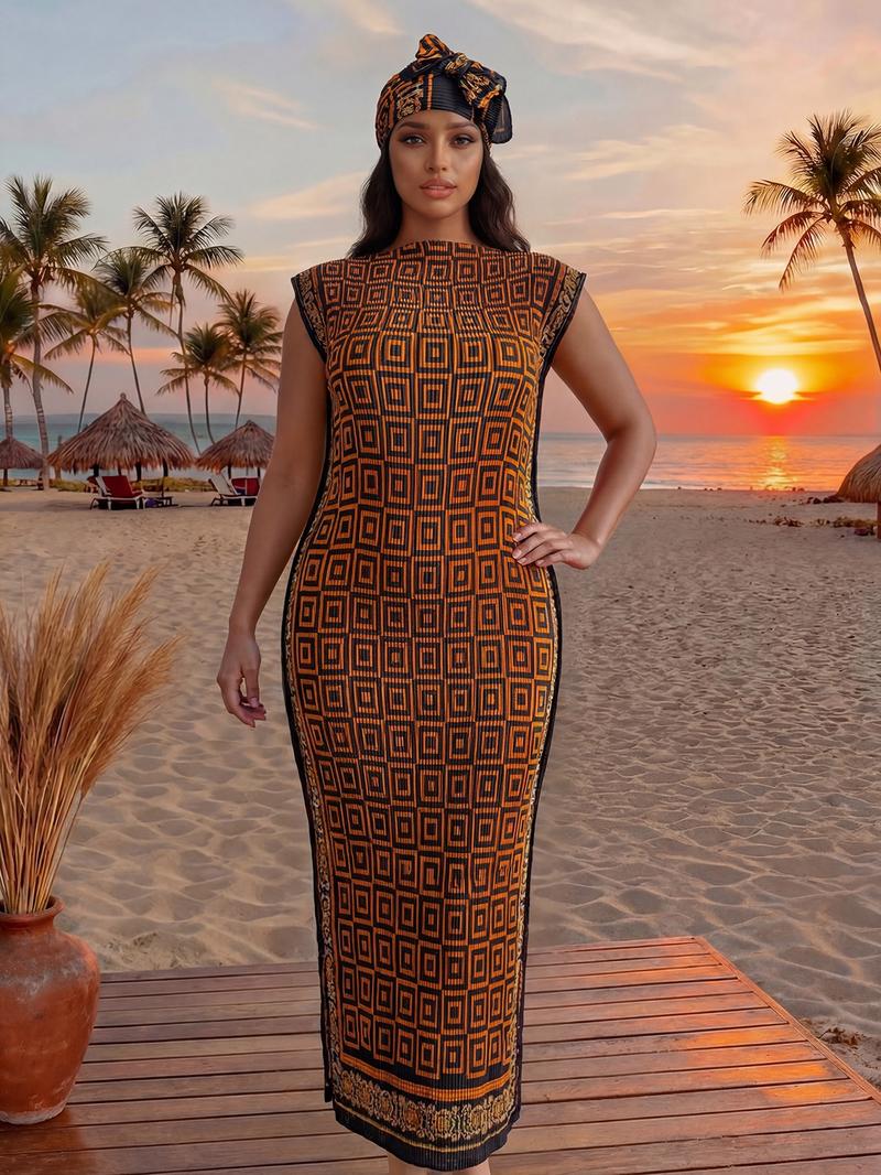 Women's Elegant Animal Print Long Dress Set, Slim-Fitting Moo Moo Skirt & Scarf, Beach Sun Protection Shawl, All Seasons Fashion