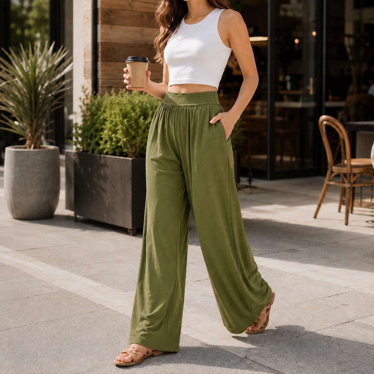 Women's Elastic High-Waisted Wide-Leg Pants 2025 New Casual Sports Trousers High-Quality Fabric