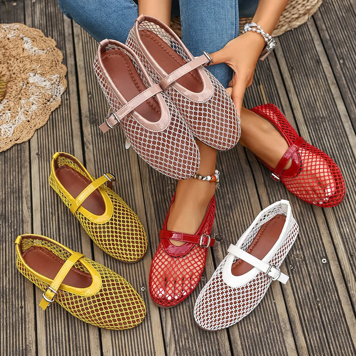 Jelly Mary Jane Ballet fashionable Flat Shoes Women Mesh Jellies Beach Sandals | Jelly Ballerina Flats, Hollow Out Summer Shoes, Adjustable Buckle Strap, Closed Round Toe, Clear, Daily Wear