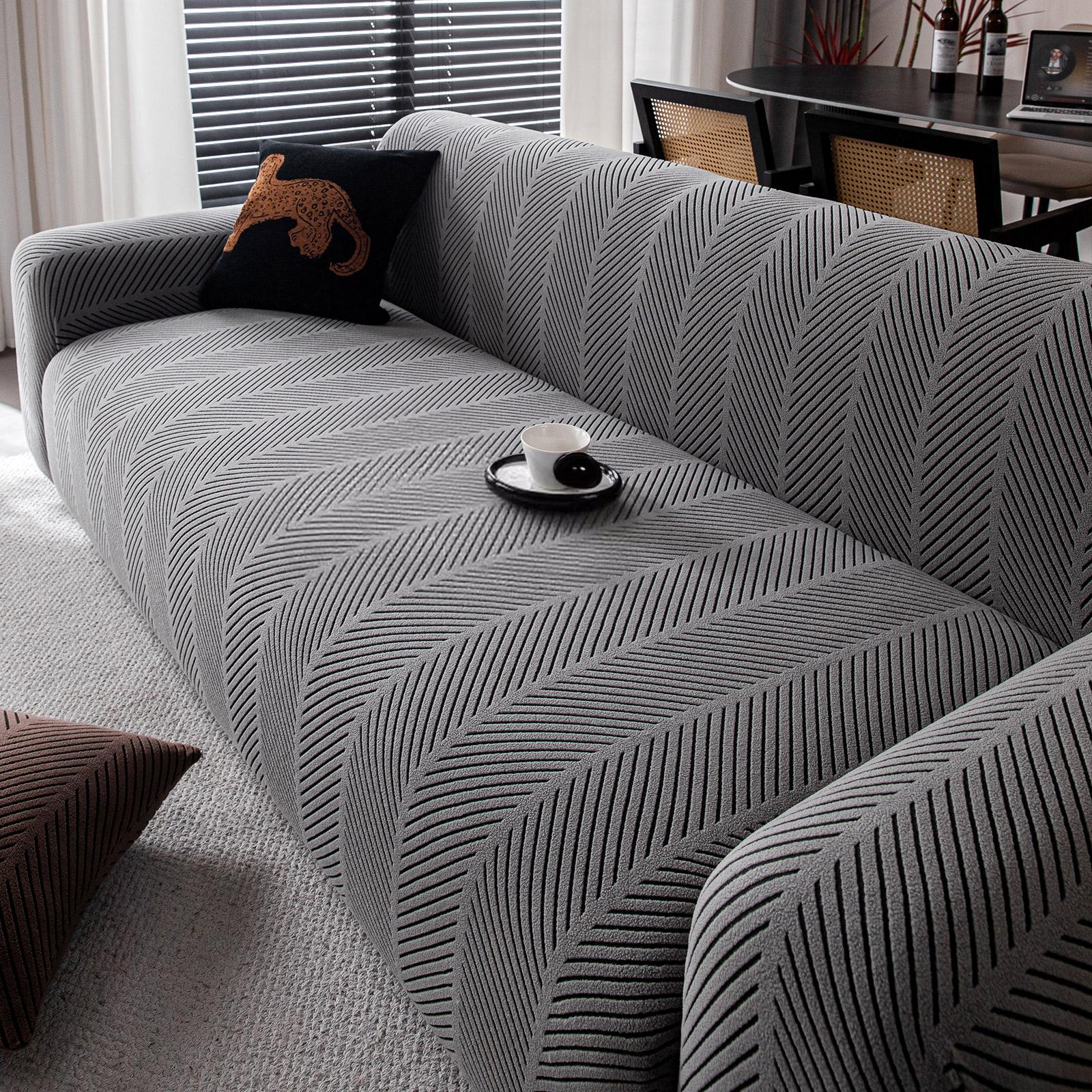 Fishbone Pattern Sofa Cover, 1pc New All-Season Elastic Full Wrap Sofa Protector, Anti-Slip Cat Scratch Resistant Three-Seater Couch Pad, Elastic Sofa Slipcover, Stretch Sofa Cover