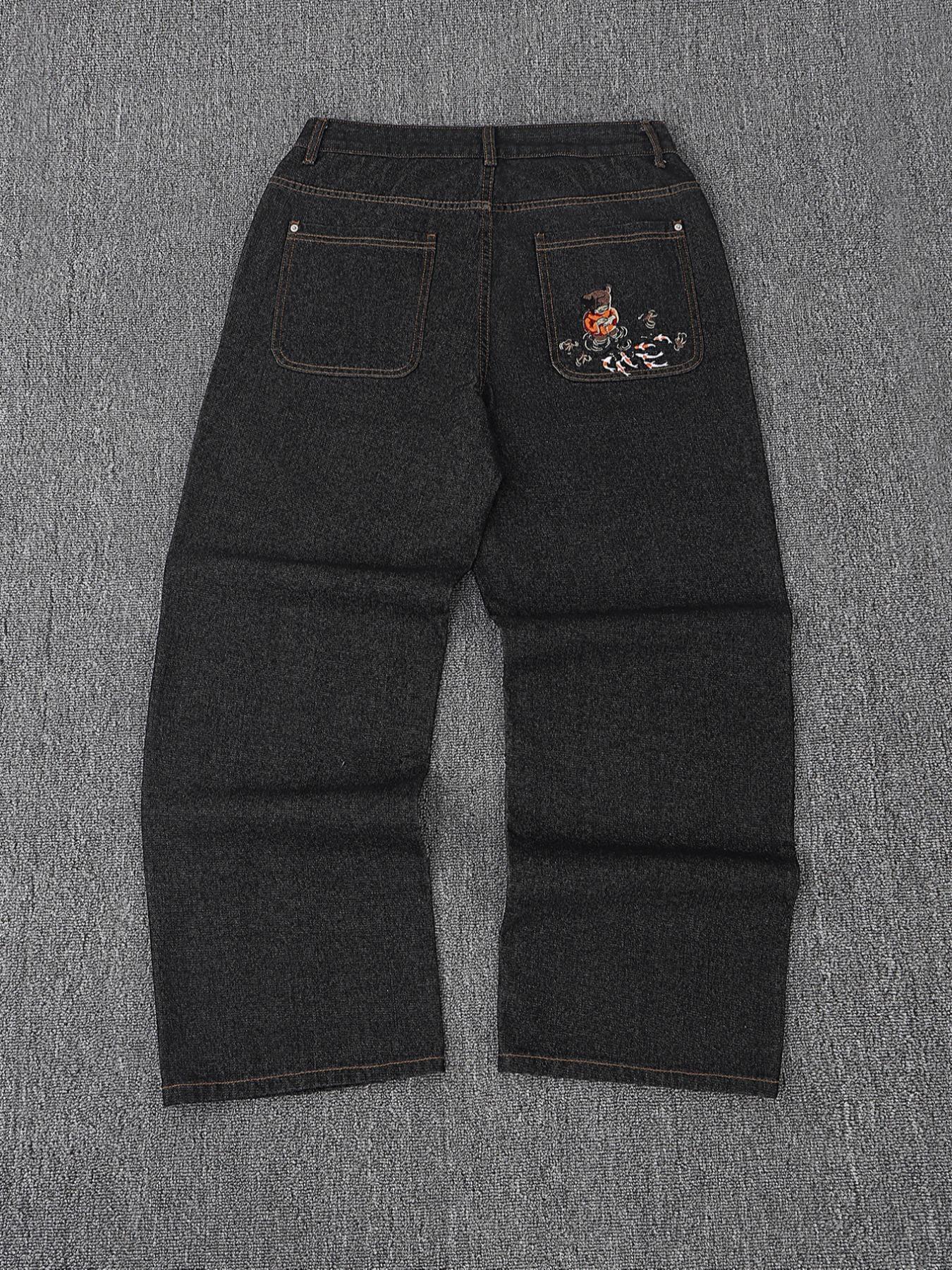 Street Style Streetwear Menswear Koi Embroidered Pocket Wide-Leg Denim Jeans Pants for Men, Casual Loose-Fitting Straight Jeans for All Seasons, Perfect Gift for Boyfriend, Husband, Friends